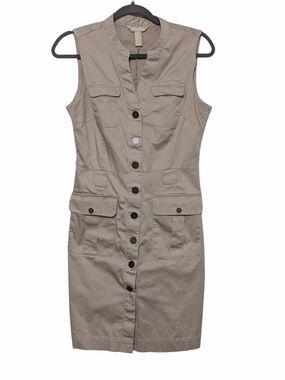 Banana Republic Safari Utility Sleeveless Tan Khaki Snap Up Front Shirt Dress